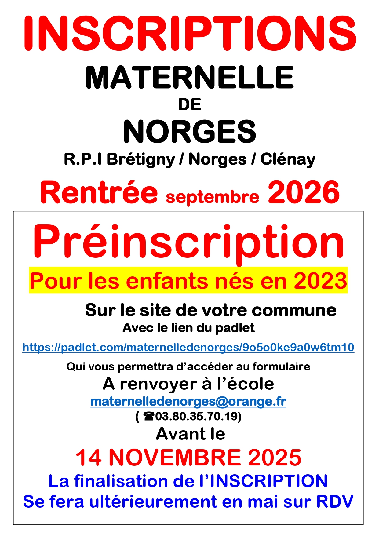 Préinscription Maternelle Septembre Rentrée 2026